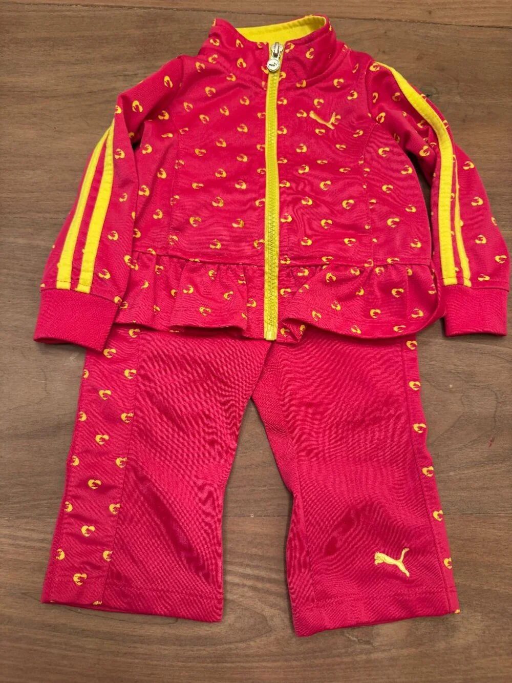 Puma Baby Girl Pink Yellow Logo Tracksuit Peplum Jacket & Pants 12M - Picture 1 of 5